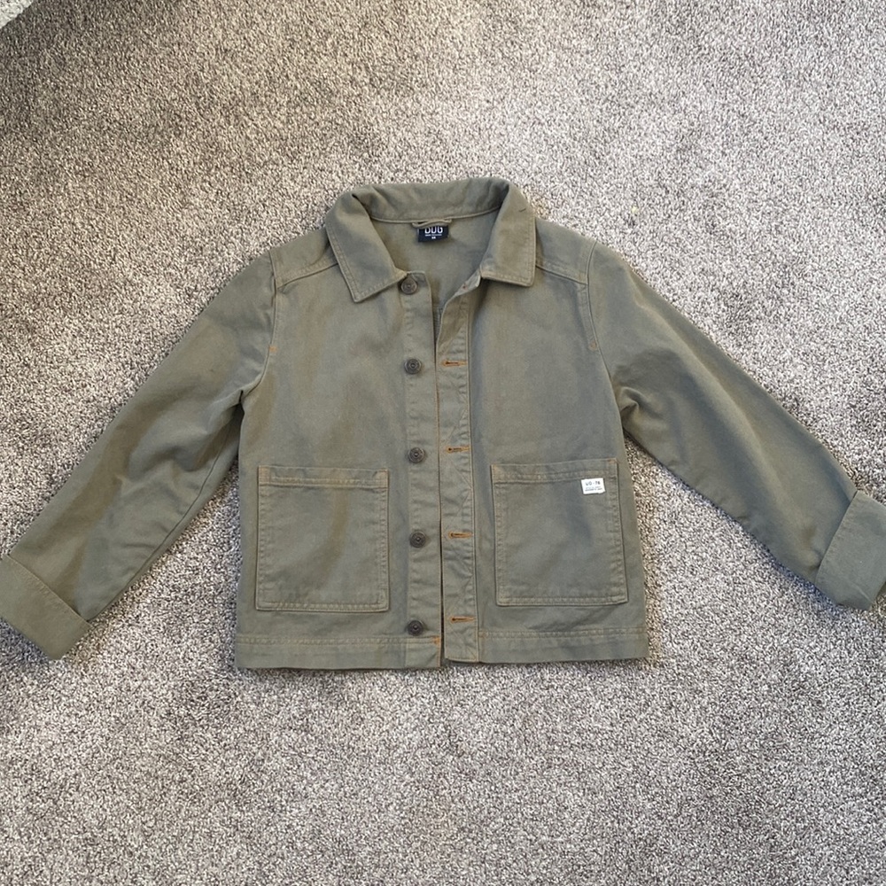 Green jean jacket with orange piping